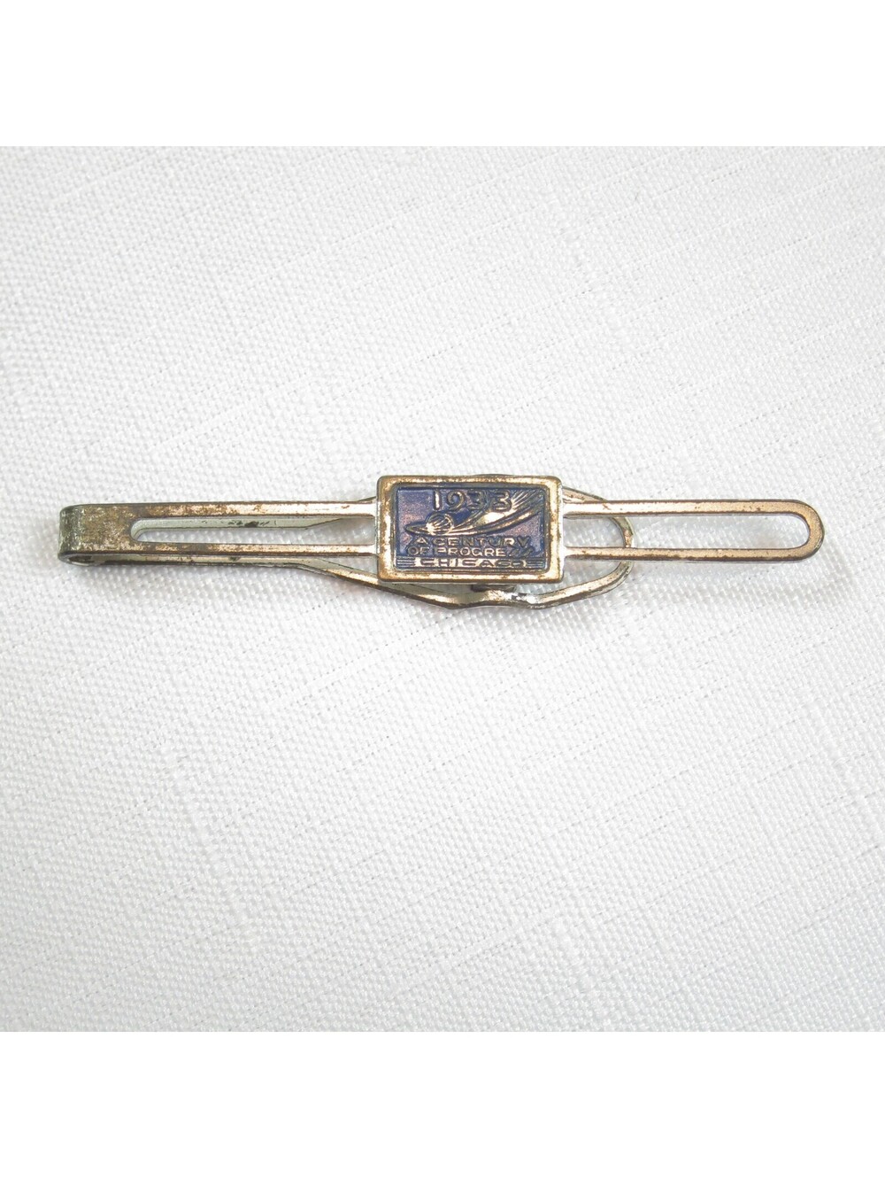 Vintage 1933 Chicago World's Fair Souvenir Tie Clip Silverplate Blue Enamel 2.5"